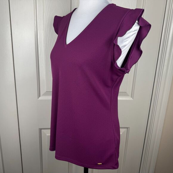 Calvin Klein Women Top Sz M Purple Knit VNeck Cap Ruffle Sleeve - Picture 3 of 8